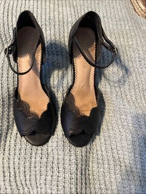 Restricted Black Scalloped Peep-Toe Ankle Strap Heels